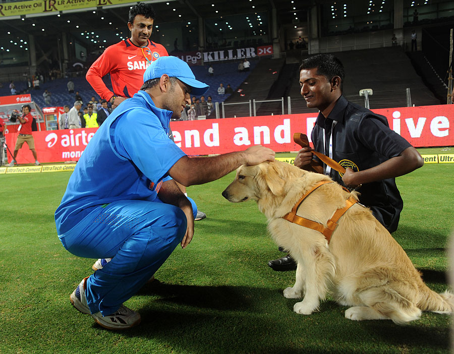 " MS Dhoni makes friends with one of the security dogs during a T20 match"