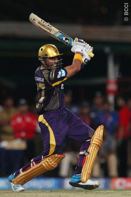 Robin Uthappa of the Kolkata Knight Riders holds his pose after hitting a six (Photo: BCCI/IPL)