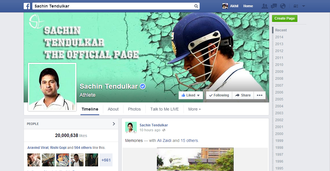 A Screenshot from Sachin Tendulkar's Facebook Page