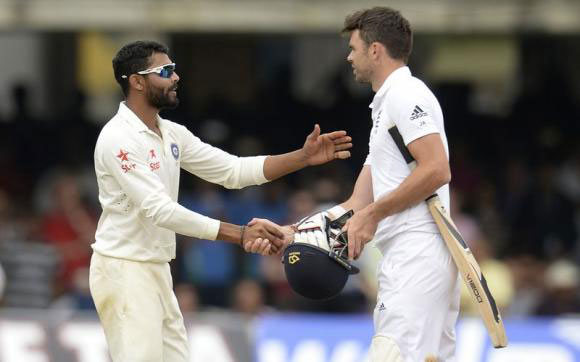 Jadeja shakes hand with James Anderson after the second Test at Lords | Picture Source: Reuters