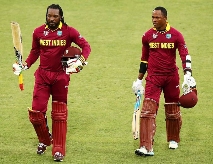 Chris Gayle’s 215 runs, the first ever double hundred in World Cup history and Marlon Samuels’ 133* lead the Windies to 372/2. (Photo Source:ICC) 