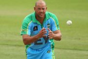 PERTH, AUSTRALIA - DECEMBER 15: Andrew Symonds of the Legends XI fields a return throw during the Twenty20 match between the Perth Scorchers and Australian Legends at Aquinas College on December 15, 2014 in Perth, Australia. (Photo by Paul Kane - CA/Cricket Australia/Getty Images)