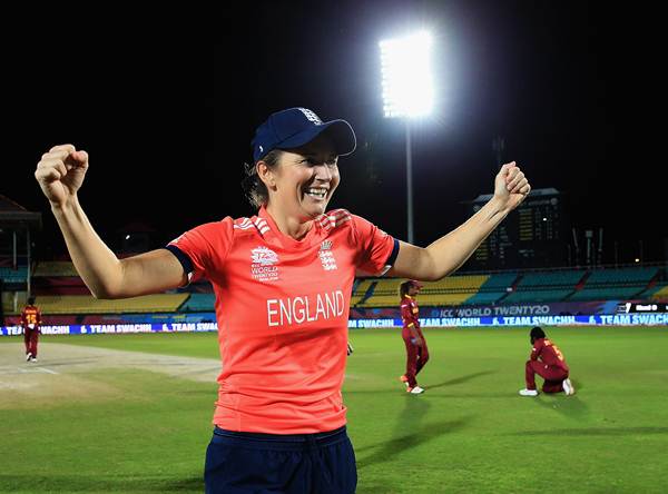 DHARAMSALA, INDIA - MARCH 24: Charlotte Edwards, Captain of England celebrates her sides win against the West Indies during the Women's ICC World Twenty20 India 2016 match between England and the West Indies at the HPCA Stadium on March 24, 2016 in Dharamsala, India. (Photo by Matthew Lewis-IDI/IDI via Getty Images)
