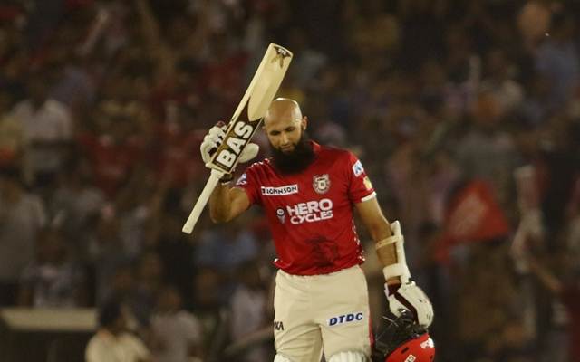 Hashim Amla of Kings XI Punjab celebrates his century