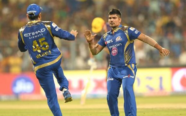 Karn Sharma of Mumbai Indians celebrates fall of a wicket