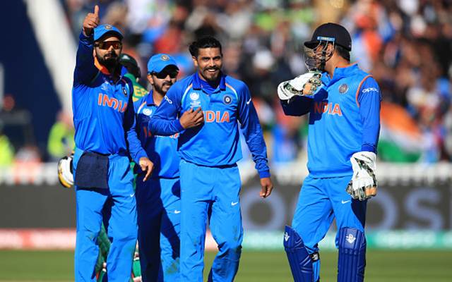 India's Ravindra Jadeja celebrates the wicket of Pakistan batsman