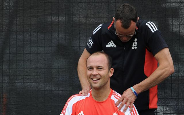 Jonathan Trott of England has treatment from team masseur Mark Saxby