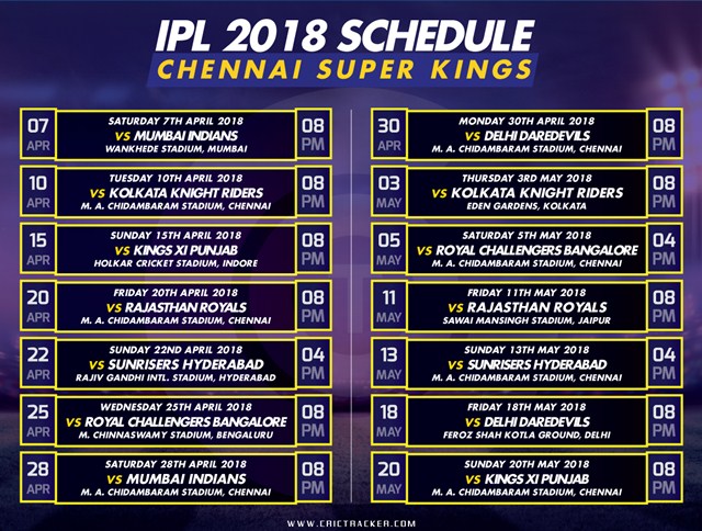 Chennai Super Kings IPL 2018 Schedule