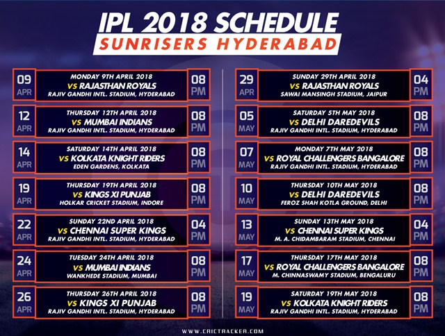 Sunrisers Hyderabad IPL 2018 Schedule