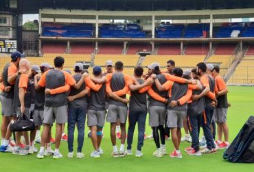 Indian players gather for the practice session