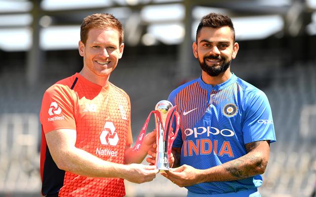 England captain Eoin Morgan and India captain Virat Kohli hold the series trophy