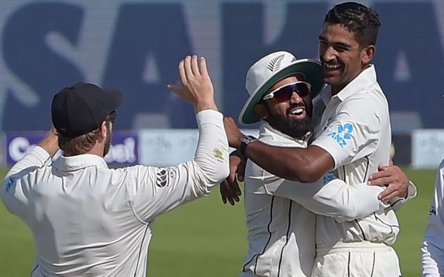 New Zealand spinner Ish Sodhi celebrates with teammate Ajaz Patel