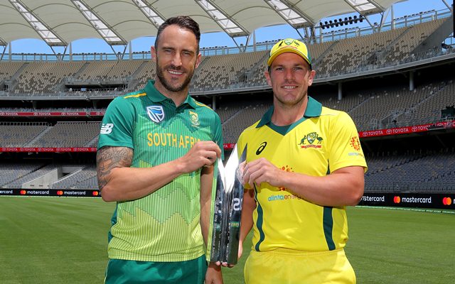 Faf du Plessis of South Africa and Aaron Finch of Australia