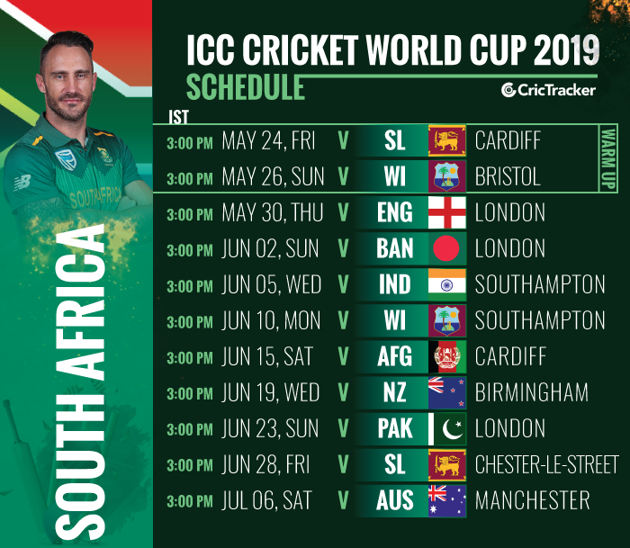 World Cup 2019 South Africa Squad, Fixtures, Venue and Match Timing