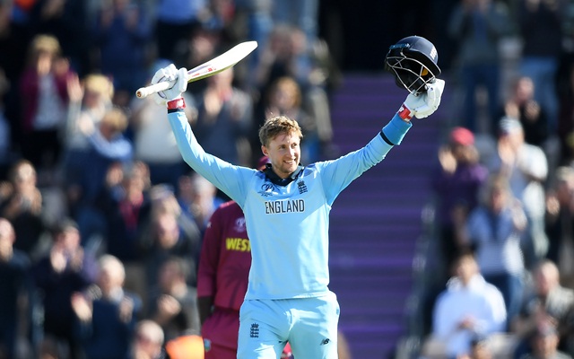 SOUTHAMPTON, ENGLAND - JUNE 14: Joe Root of England celebrates reaching his century during the Group Stage match of the ICC Cricket World Cup 2019 between England and West Indies at The Hampshire Bowl on June 14, 2019 in Southampton, England. (Photo by Alex Davidson/Getty Images)
