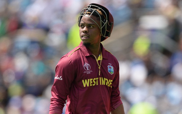 LEEDS, ENGLAND - JULY 4 : Shimron Hetmyer of the West Indies leaves the field after being dismissed during the ICC Cricket World Cup Group Match between Afghanistan and the West Indies at the Headingley on July 4, 2019 in Leeds, England. (Photo by Philip Brown/Popperfoto via Getty Images)