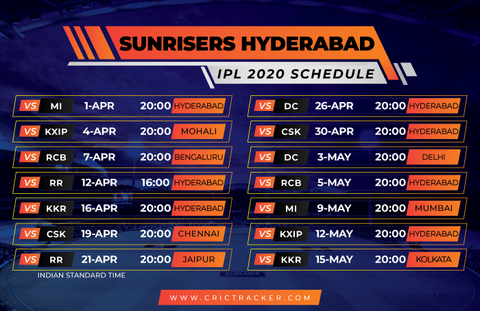 IPL 2020: Full Schedule/Fixtures, Timings, Venues of Sunrisers