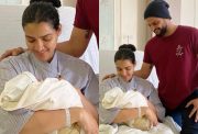 Priyanka Raina and Suresh Raina with their newborn baby
