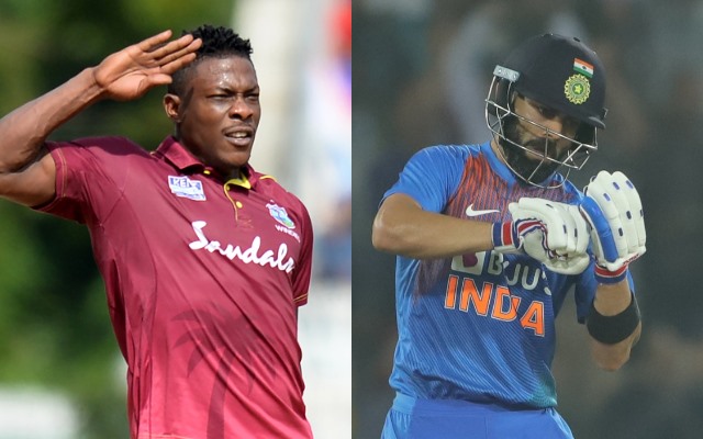 Sheldon Cottrell and Virat Kohli