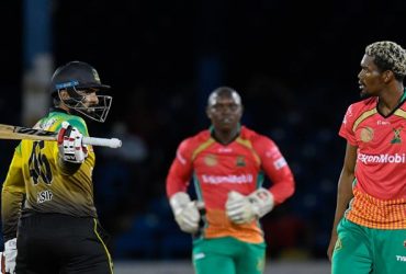 Asif Ali of Jamaica Tallawahs express disappointment of being dismissed by Keemo Paul.