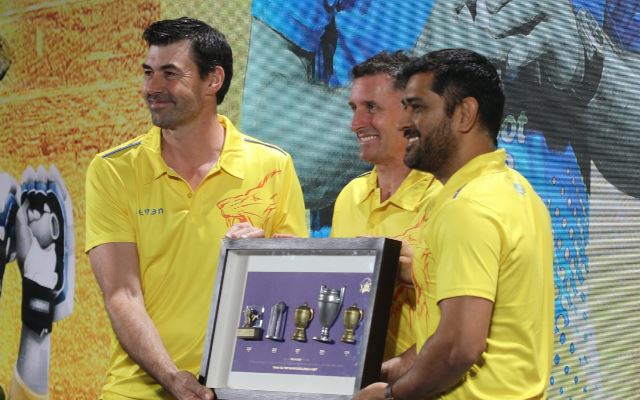 Stephen Fleming, Mike Hussey and MS Dhoni