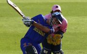 Justin Langer of Rajasthan Royals hits down the ground during The British Asian Challenge match played