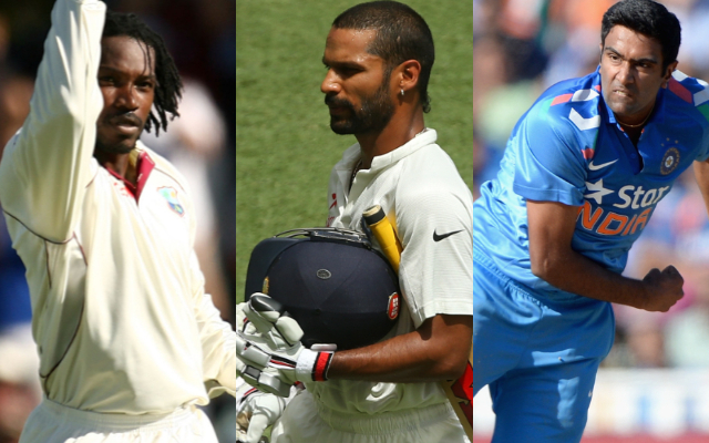 Chris Gayle, Racichandran Ashwin, and Shikhar Dhawan