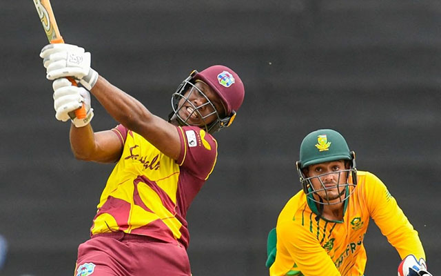 Evin Lewis of West Indies hits