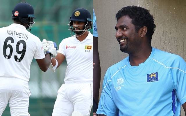 Angelo Mathews, Dimuth Karunaratne and Muttiah Muralitharan