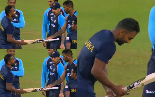 Hardik Pandya giving Chamika Karunaratne a spare bat