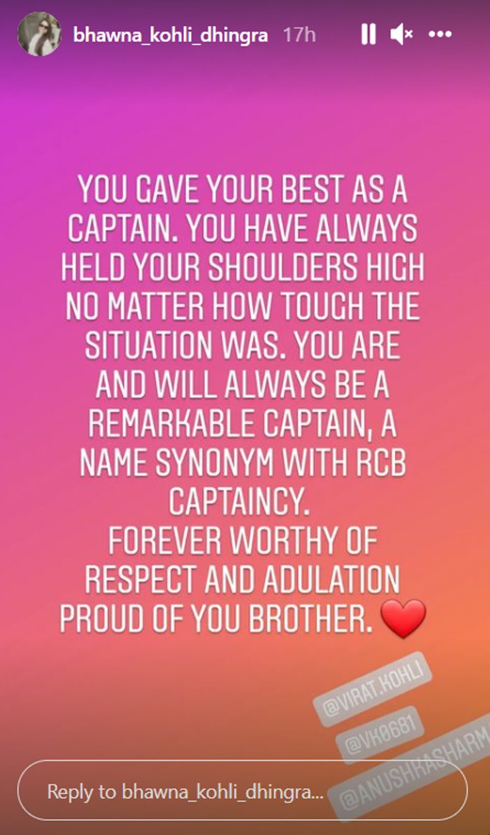 Virat Kohli's sister Instagram story