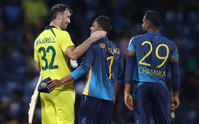 Glenn Maxwell of Australia is congratulated by Dunith Wellalage