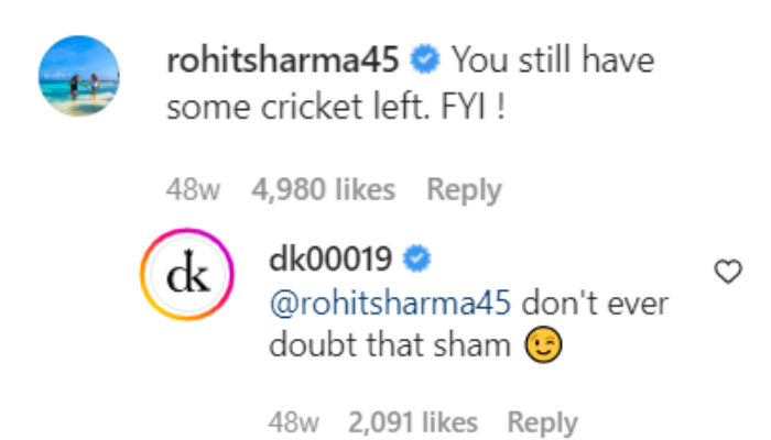 Rohit Sharma comment on Dinesh Karthik's insta post