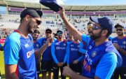 Captain Rohit Sharma giving the debut cap to Arshdeep Singh