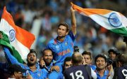 Indian players carrying Sachin Tendulkar on their shoulders in Mumbai