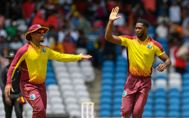 Obed McCoy celebrating his wicket Shimron Hetmyer